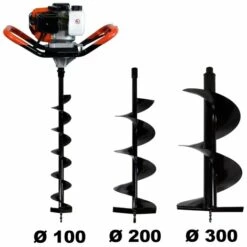 GT GARDEN Tarière Thermique 52 Cm3, 3 CV + Lot De 3 Mèches (100, 200 Et 300 Mm)